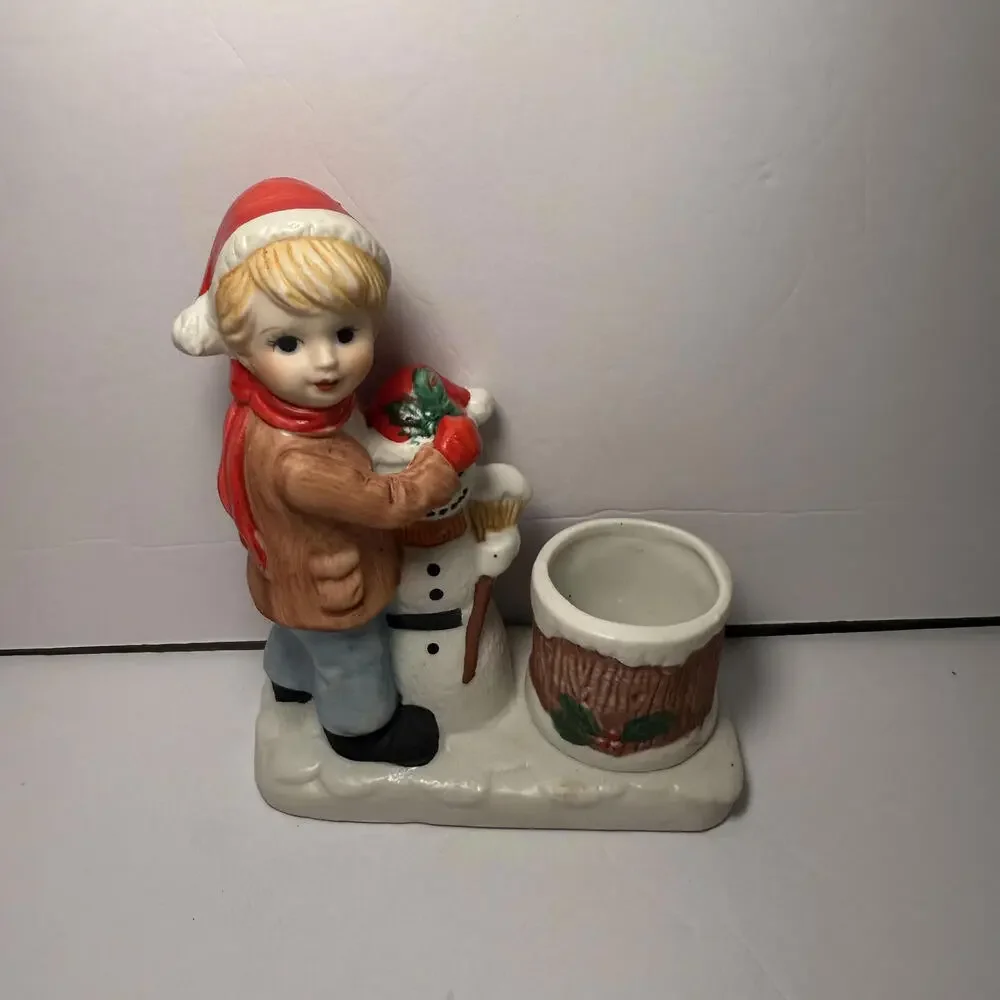 VINTAGE 1980 Holiday Christmas Bisque‎ Kids Snow Friends Candle Holder #1913